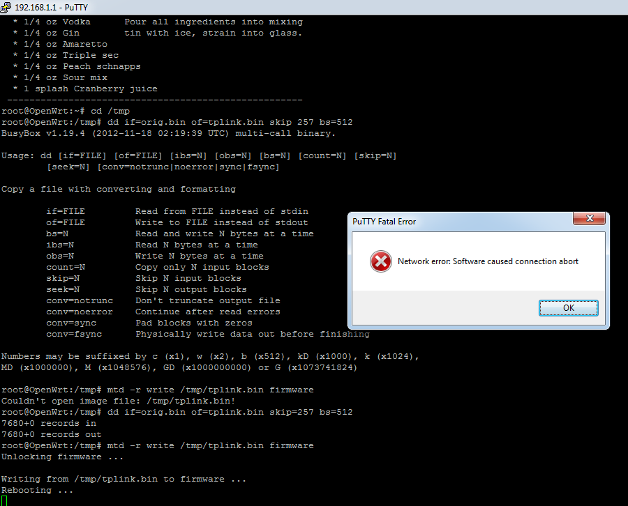 Software caused connection abort. OPENWRT ошибки. MTD write Firmware OPENWRT. OPENWRT i2p. Network Error software caused connection abort Putty.