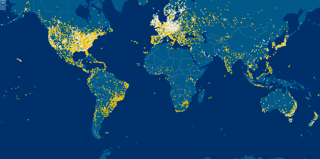 Карта приемников сервиса flightaware